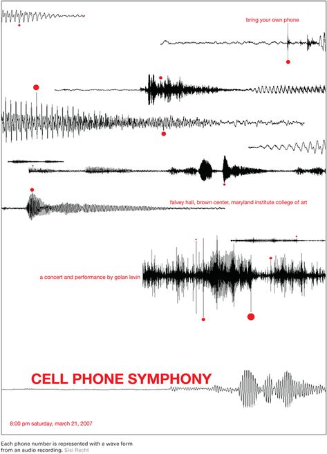 Phone numbers within this cell phone symphony poster are all represented through audio waves found in recordings, rather than the displaying the number itself. Sound Waves Design, Audio Waves, Evening Eye Makeup, Orchestra Concerts, Graphic Design Portfolio Layout, Wave Poster, Jazz Poster, Music Festival Poster, Poster Layout