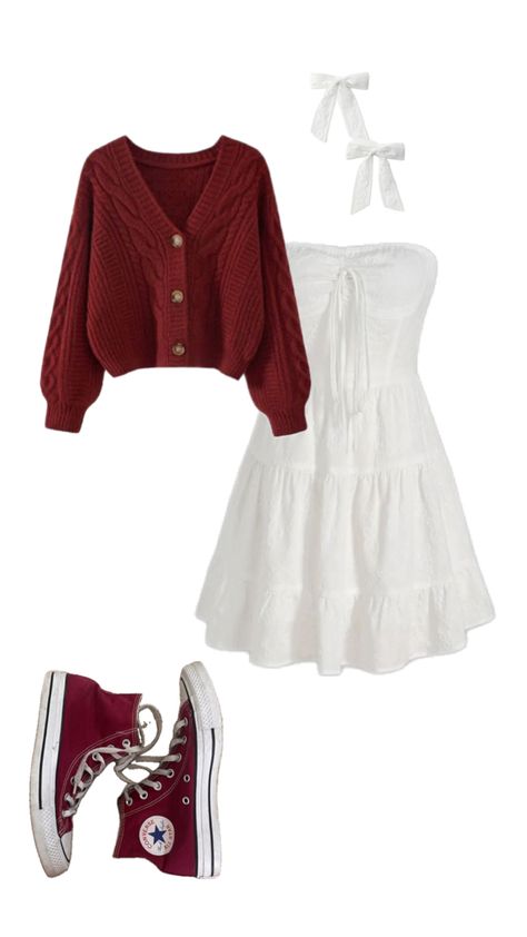 white dress w cardigan and converse Stripped Dresses Outfits, Christmas Aesthetic Outfit Dress, Outfits With Red Sweaters, Red White Christmas Outfit, White Red Outfit Aesthetic, Christmas Outfit Red And White, White And Red Outfit Ideas, Red Cardigan Christmas Outfit, White Purse Outfit Ideas