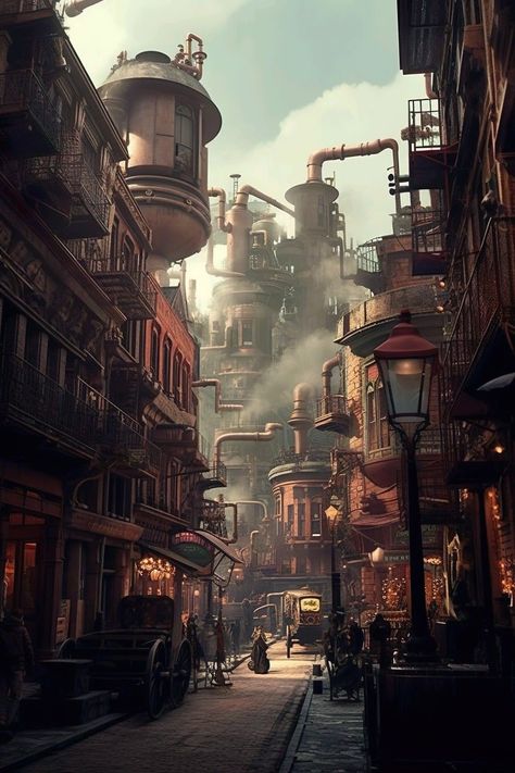 Industrial Age Aesthetic, Fantasy Industrial City, Dnd Steampunk City, Dieselpunk Wallpaper, Steampunk Fantasy World, Arcanepunk Aesthetic, Steampunk World Art, Steampunk Fantasy City, Steampunk Fantasy Aesthetic