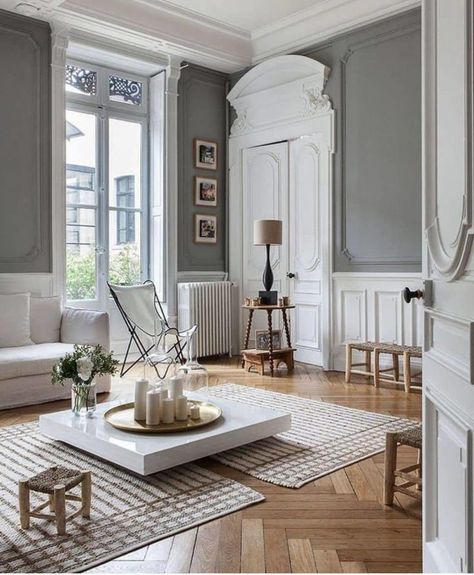 living room with grey walls white furniture wood flooring and floor to ceiling windows Haussmann Interior, French Style Interior, Parisian Interior, French Interior Design, Parisian Apartment, French Interior, French House, Living Room Grey, Grey Walls