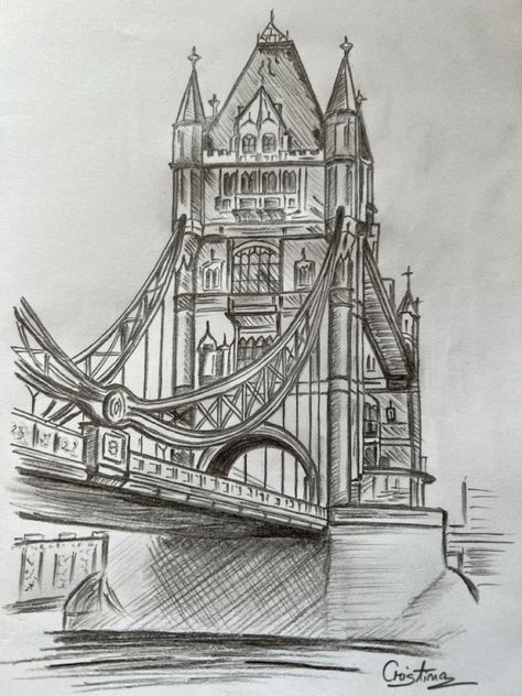 London Bridge — Drawing - pencil sketch - A place I ... 🧡💙💛💜 ...!!! Structure Sketch Architecture, London Pencil Drawing, Tower Bridge London Drawing, London Architecture Drawing, Bridge Drawing Sketches, Bridge Architecture Drawing, London Bridge Sketch, Pencil Drawing Building, London Drawing Sketches