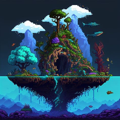 Terraria Floating Island, Terraria Landscape, Terraria Art Wallpaper, Terraria Mega Base, Terraria Background, Pixel Art Background Landscapes, Terraria Characters, Terraria Aesthetic, Floating Island Art