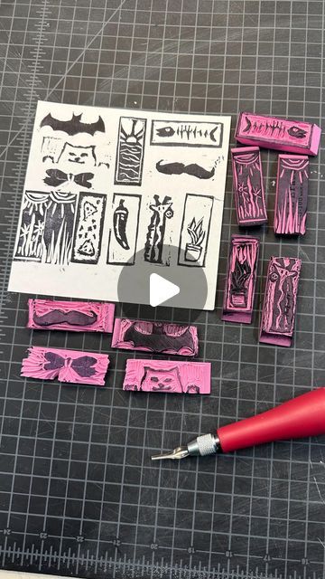 Casey Kemper on Instagram: "Art Foundation students kicked off our printmaking unit today! So much creativity carving eraser stamps inspired by @pinkeraserart Shout out to Lily, Avery, Faith, Sofi, Brynn, Kaleigh, Kenzie, Ameela, Hailey, Kara, Laona, Annalee and everyone else! #pinkeraserart #printmaking #highschoolart #arteducator" Eraser Printmaking, Eraser Stamp Ideas, Lino Print Pattern, Eraser Carving, Eraser Art, Rubber Stamps Diy, High School Art Lesson Plans, Eraser Stamp, Books Paper