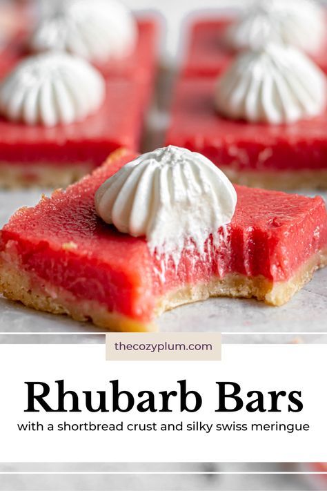 Rhubarb Bars are the epitome of spring and early summer! Bright and tangy rhubarb curd with a touch of ginger gets layered on top of a buttery shortbread crust and topped with a silky Swiss meringue. It is sweet, tart, and buttery all in one delicious bar. These rhubarb curd bars have amazing balance in flavors and textures, and are the perfect spring dessert bake. Rhubarb Curd Tart, Rhubarb Curd Recipe, Rhubarb Desserts Fine Dining, Rhubarb Tarts, Rhubarb Bars Shortbread Crust, Rhubarb Ideas, Rhubarb Bars Recipes, Rhubarb Custard Bars, Strawberry Rhubarb Bars