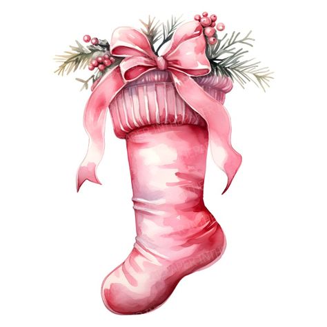 Enjoy the festive spirit with this watercolor clipart featuring a pink Christmas gift sock. These adorable, chubby socks are characterized by a thick cuff and a pink ribbon on top. Inside, you'll find Christmas-like green leaves and red berries, adding to the holiday charm. 🧦🎀🎄🎨 Ornament Ribbon, Printable Frames, Christmas Sock, Watercolor Clip Art, Pink Socks, Black Christmas, Leaf Decor, Christmas Socks, Christmas Clipart