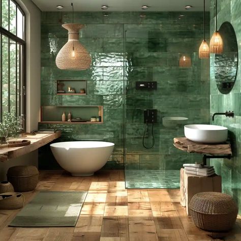 42 Stunning Bathroom Tile Ideas: Trending Designs Calm Bathroom Ideas, Modern Green Bathroom, Bangkok Apartment, Unique Bathroom Ideas, Restaurant Toilet, Green Tile Floor, Large White Tiles, Unique Bathroom Tiles, Floor Tiles Texture