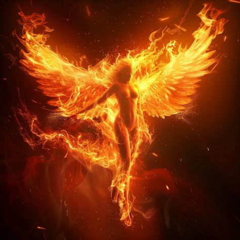 Phoenix Woman Art, Fire Spirit Art, Phoenix Fantasy Art, Phoenix Warrior, Phoenix Woman, Phoenix Aesthetic, Fire Human, Fire Wings, Goddess Of Fire