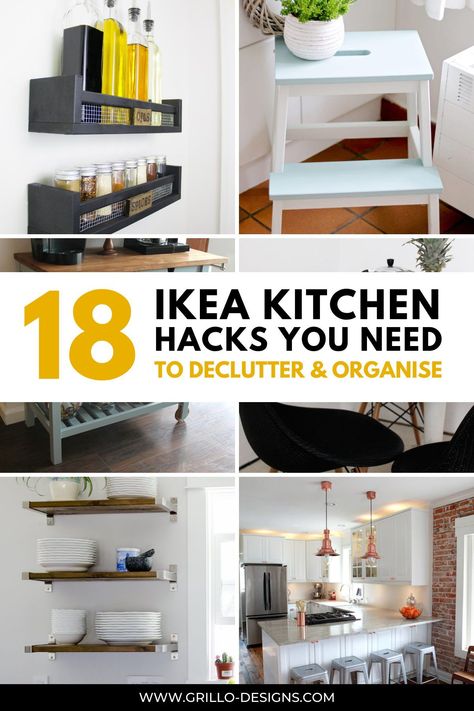 the best kitchen hacks to help keep your kitchen decluttered and tidy, includes the best IKEA hacks for storage and more- grillo-designs.com Ikea Spice Rack Hack, Countertop Storage Kitchen, Ikea Kitchen Shelves, Ikea Kitchen Cupboards, Ikea Decor Hacks, Ikea Kitchen Accessories, Ikea Kitchen Hacks, Ikea Kitchen Organization, Ikea Kitchen Storage