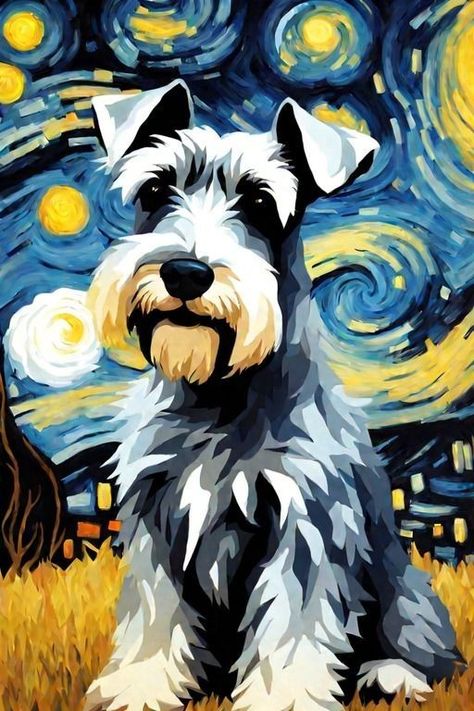 Schnauzer Painting, Vincent Van Gogh Starry Night, Schnauzer Art, Night Beautiful, Schnauzer Dog, 강아지 그림, Schnauzer Dogs, Dog Projects, Bleach Art