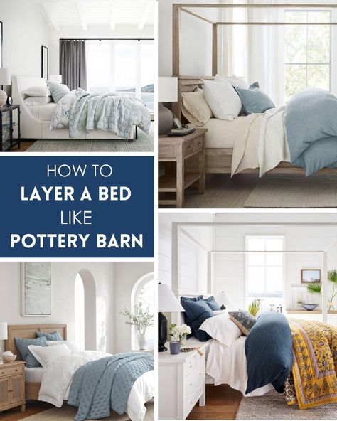 Layer A Bed, Layered Bedding Ideas, Pottery Barn Bedrooms, Pottery Barn Look, Pottery Barn Style, Pottery Barn Bedding, English Decor, Budget Decorating, Blue Duvet