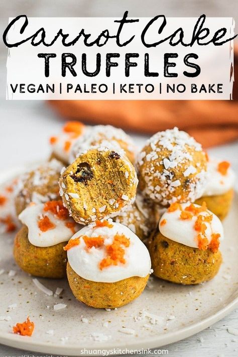 Carrot Cake Truffles, Cake Truffles Recipe, Raw Carrot Cake, Carrot Cake Balls, Vegan Easter Recipes, Healthy Easter Recipes, Patisserie Vegan, Vegan Carrot Cake, Healthy Dessert Ideas