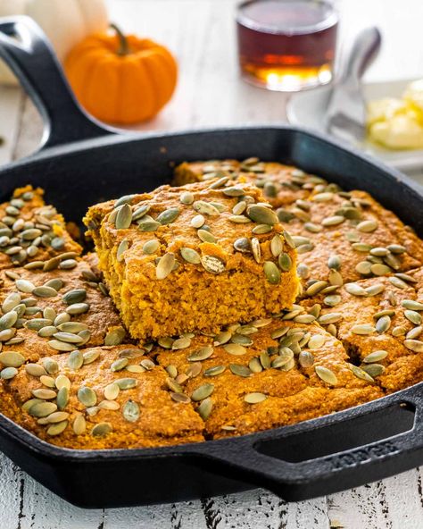 This Fall inspired easy-to-make Pumpkin Maple Cornbread is not only moist and delicious, it can be made in about 30 minutes. A crisp golden crust, fluffy center, lots of pumpkin flavor, this maple syrup infused cornbread is perfect fall comfort food. #cornbread #pumpkincornbread #pumpkin #recipe Maple Cornbread, Chinese Honey Chicken, Pumpkin Cornbread, Pumpkin Delight, Comfort Recipes, Pumpkin Seed Recipes, Jo Cooks, Pumpkin Recipe, Fall Comfort Food