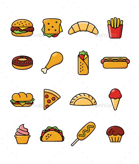 16 #Fast #Food #Icons - Icons Hot Dog Drawing Easy, Meat Drawing Easy, Eat Drawing, Burger Burrito, Food Drawing Easy, Burrito Chicken, Chicken Drawing, Dibujo Simple, Food Doodles