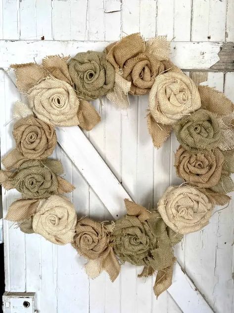 Rustic Burlap Flower Wreath - Hootshack Flower Wreath Diy, Spring Burlap Wreath, Felt Leaf, Burlap Wreath Tutorial, Framed Burlap, Burlap Flower Wreaths, Burlap Wreath Diy, Burlap Flower, Burlap Christmas Wreath