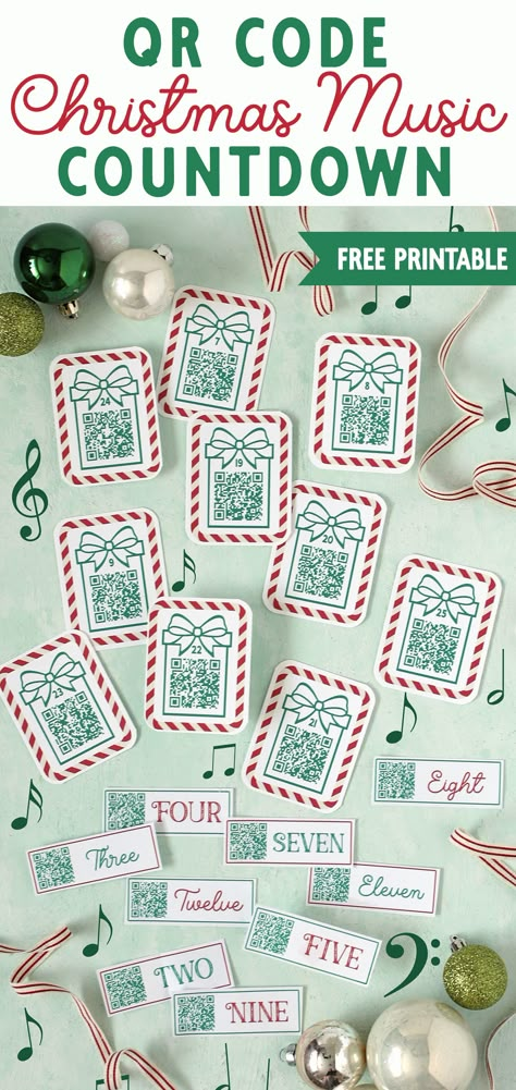 Scan the QR code and listen to a new holiday song to count down the days to Christmas! This printable advent calendar filler includes one QR code each day leading up to Christmas. When you scan the QR code, it takes you to a fun Christmas song to listen to. How cool is that?!   Advent Calendar Ideas | Christmas Countdown | Christmas Crafts | DIY Christmas | Christmas Printables Christmas Countdown For Boyfriend, 12 Days Of Christmas Qr Codes, Music Qr Codes, Printable Christmas Advent Calendar, Countdown Christmas Ideas, Countdown To Christmas Diy, Free Printable Christmas Countdown, Free Printable Advent Calendar For Kids, Advent Calendar Printable Free