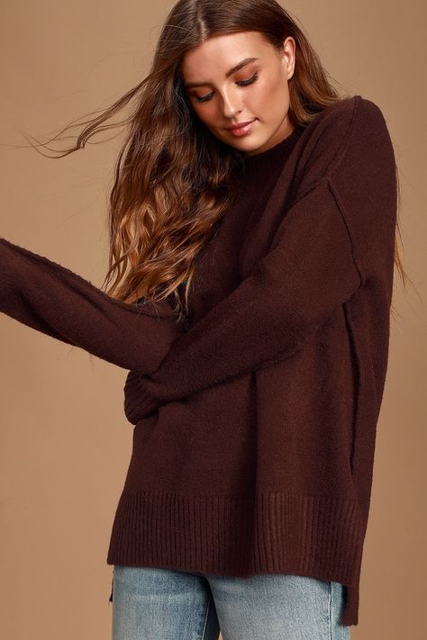 Cute Dark Burgundy Top - Knit Sweater - Mock Neck Sweater #ad #Burgundy, #ad, #Top, #Cute, #Dark Burgundy Clothes, Dark Brown Sweater, Brown Long Sleeve Top, Deep Autumn Color Palette, Dark Brows, Burgundy Top, Dark Burgundy, Mock Neckline, Brown Sweater