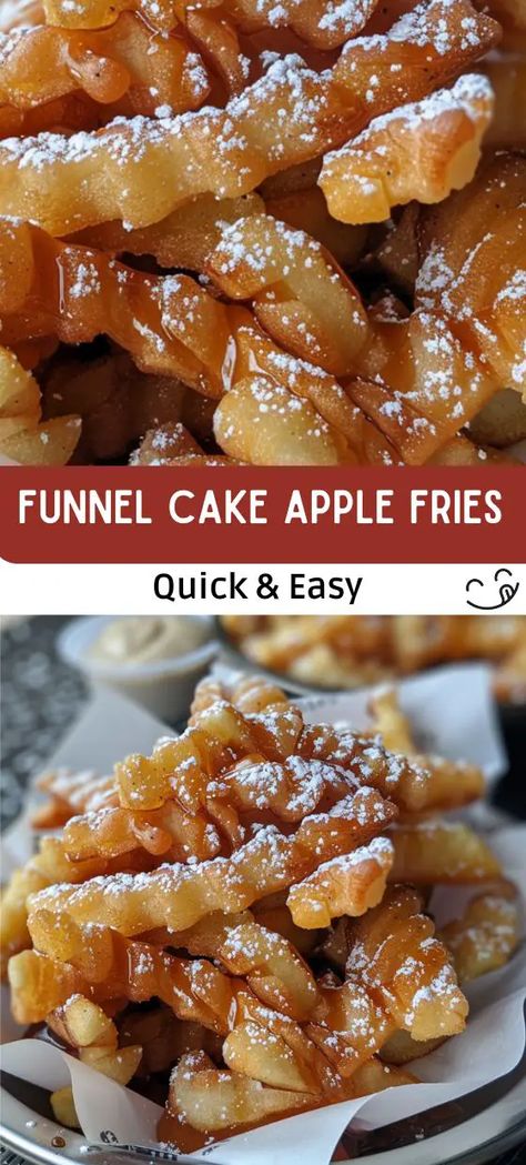 Apple Fries Recipe, Fiesta Chicken Casserole, Funnel Cake Batter, Apple Fries, Caramel Dipping Sauce, Funnel Cake Fries, Cooking Desserts, Cake Apple, Funnel Cake Recipe