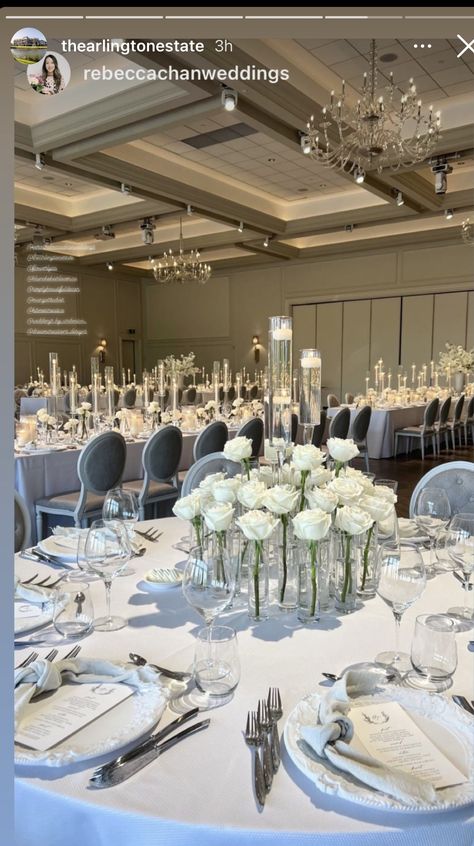 Light Gray Wedding Theme, White Wedding Set Up, White And Grey Wedding Theme, Grey And White Wedding Decor, White Silver Wedding Decor, Round Table Centerpieces Wedding Elegant, All White Wedding Decor, White And Grey Wedding, Wedding Tablescapes Round