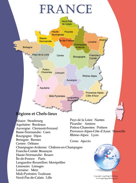 Map of France with regions and regional capitals: French Language School Poster for the Classroom Map Of France, Regions Of France, School Poster, French Education, French Classroom, French Resources, Rpg Map, French History, French Teacher