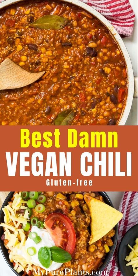 Easy Vegan Chili, Best Vegan Chili, Chili Vegan, Vegan Chili Recipe, Pesto Vegan, Vegan Mexican Recipes, Resep Diet, Vegan Chili, Tasty Vegetarian Recipes