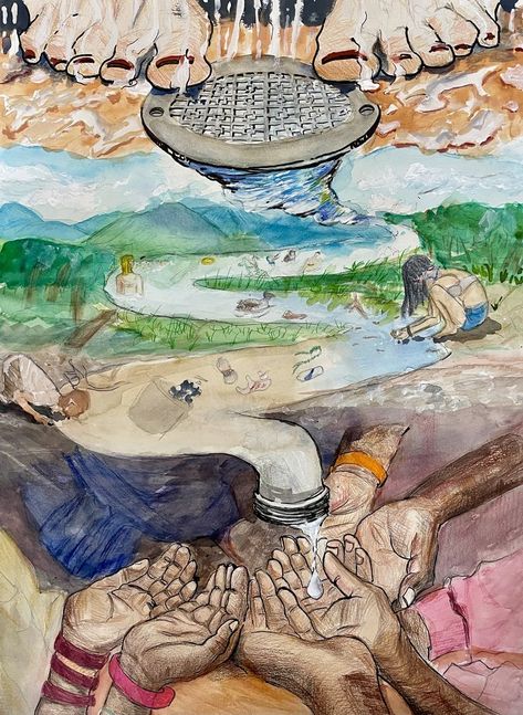 A watercolor painting of a white person's feet on either side of a shower drain. The water flows down the drain into a hilly landscape, people swimming and washing clothes in it, winding down to a dry area where the outstretched hands of People of Color reach for a single water droplet. Ocean Awareness, Save Water Poster Drawing, Art Competition Ideas, Meaningful Paintings, Earth Drawings, Interactive Multimedia, Drawing Competition, Art Poetry, Meaningful Drawings