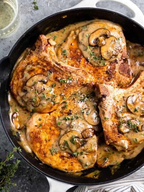 Pork Chops with Cream of Mushroom Soup - House of Yumm Pork Chops With Cream Of Mushroom Soup, Pork Chops Cream Of Mushroom, Mushroom Soup Pork Chops, House Of Yumm, Golden Mushroom Soup, Mushroom Pork Chops, Tender Pork Chops, Smothered Pork Chops, Cream Of Mushroom Soup