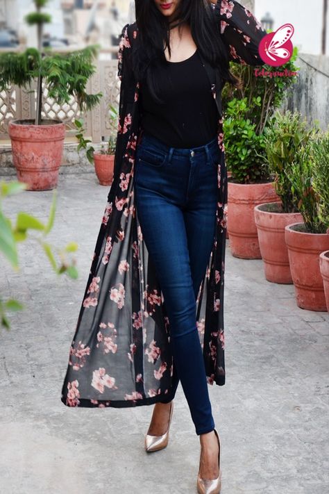 Black Printed Peach Floral Georgette Full Sleeves Long Shrug Long Shrugs Outfit Jeans, Long Shrugs Outfit Indian, Long Shrugs Outfit, Black Shrug Outfit, Shrugs With Jeans, Jacket Types, Kpop Closet, Long Shrug, Jeans Outfit Ideas