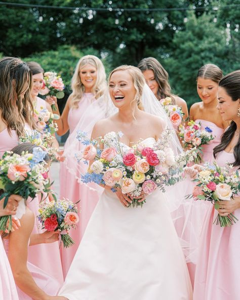 June Wedding Bridesmaids, Ballet Pink Bridesmaid Dresses, Shades Of Pink Bridesmaids, Colorful Bride Bouquet, Pink Bridesmaid Dress With Floral Applique, Wildflower Wedding Theme Bridesmaid, Bubblegum Pink Wedding, Pink Bridesmaids, Pink Bridal Party Dresses