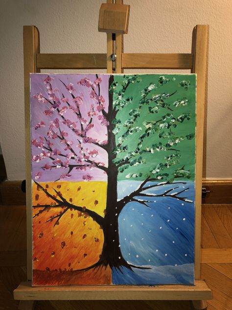 Summer And Winter Drawing, Spring Summer Autumn Winter Drawing, Winter Spring Summer Fall Art, Seasonal Canvas Painting Ideas, Spring Summer Autumn Winter Art, Summer Season Drawing Ideas, Easy Spring Painting Ideas On Canvas, Spring Drawing Easy, Spring Canvas Painting Ideas Easy