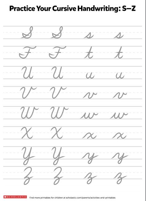 Can your child write in script? This printable can help your child practice cursive, with trace-over letters from A through Z, in both upper and lowercase script. Z In Cursive, Practice Cursive, Cursive Handwriting Fonts, Teaching Cursive, Handwriting Sheets, Writing Printables, Cursive Lettering, Script Letters, Cursive Practice