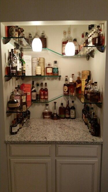 Old closet turned into a whiskey bar- a few glass shelves from Home Depot and viola! Whiskey Closet, Bourbon Closet, Alcohol Cupboard, Liquor Closet, Closet Bars, Bar Closet, Glass Shelves In Bathroom, Glass Shelves Decor, Glass Shelves Kitchen