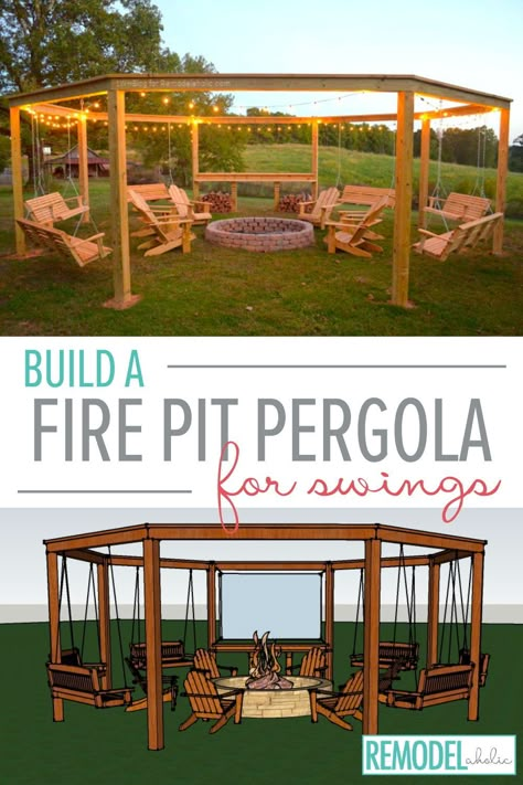 Fire Pit With Swings, Fire Pit Pergola, Round Gazebo, Outdoor Fire Pit Area, Gazebo With Fire Pit, Fire Pit Swings, Outdoor Fire Pit Designs, Backyard Swings, Backyard Oasis Ideas