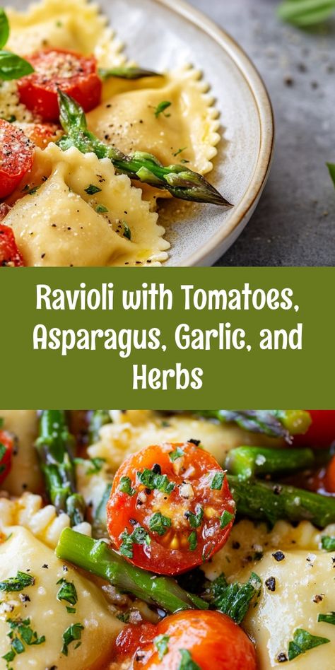 Preparing this ravioli dish with my family on a sunny Sunday afternoon brought so much joy. The vibrant colors of the tomatoes and asparagus mirrored our laughter, and the comforting aroma filled our home. Sharing bites made the day unforgettable. Cheese Ravioli With Asparagus, Ravioli With Asparagus Tomatoes And Garlic, Raviolis With Asparagus And Tomatoes, Ravioli And Asparagus, Ravioli Tomatoes And Asparagus, Ravioli With Tomatoes Asparagus Garlic, Asparagus And Tomato Pasta, Ravioli Asparagus Recipe, Ravioli With Tomatoes Asparagus Garlic And Herbs