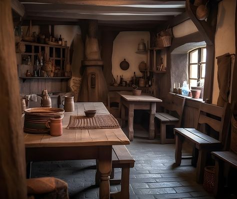 architecture, house, desigh, interior, medieval, fantasy, digital, illustration, realistic, table, window, floor, dishes Medieval Tailor Shop, Medieval Inn Interior, Medieval Bakery Aesthetic, Midevil House Interior, Medieval Houses Interior, Medieval Fantasy House Interior, Fantasy Cabin Interior, Medieval Cottage Interior, Medieval Home Interior