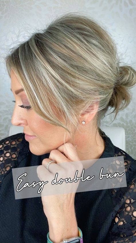 Can we all make a promise to keep messy buns around forever?!?! This is the cutest (and easiest) way to achieve that double bun look 🙌🏻… | Instagram Short Hair Updo Easy, Fine Hair Updo, Messy Bun For Short Hair, Easy Updos For Medium Hair, Short Hair Ponytail, Short Hair Up, Short Hairstyles Fine, Short Hair Bun, Easy Hair Updos