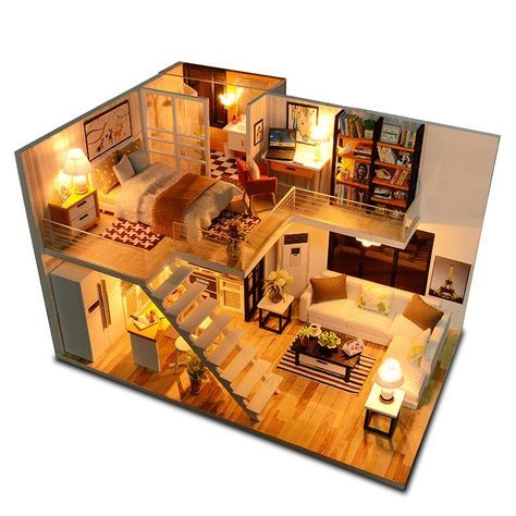 Loft Layout, Wooden Dollhouse Kits, Wooden Dolls House Furniture, Small Loft, Apartment Floor Plans, Interior Minimalista, Apartment Architecture, Apartment Layout, Loft House