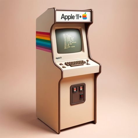 A beige Apple ][+ arcade game cabinet with a rainbow on the side and a keyboard and joystick on the control panel. Game Cabinet, Apple Arcade, Arcade Cabinet, A Keyboard, Arcade Game, 1 Image, Control Panel, On The Side, A Rainbow