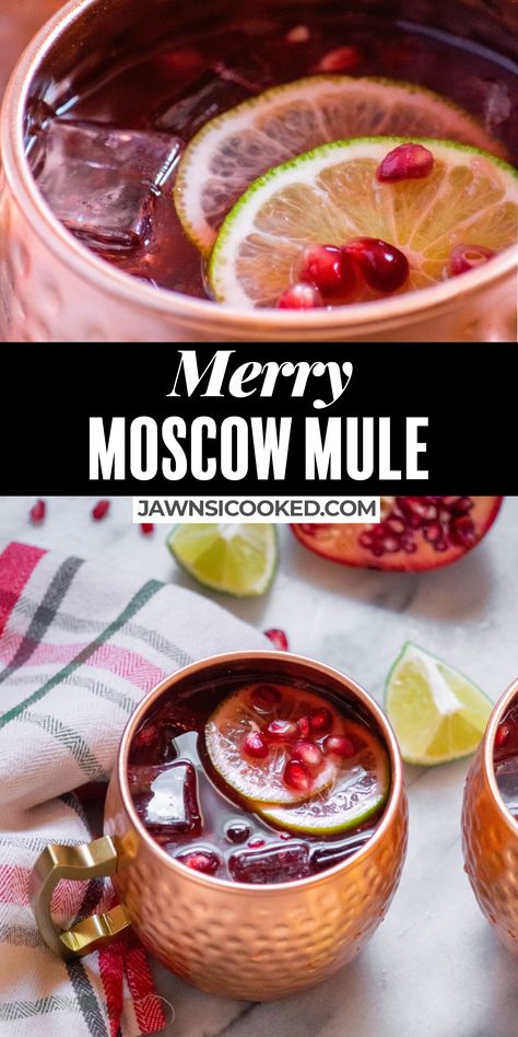 Pour a glass of holiday cheer with this easy Christmas Moscow Mule! Made with an easy spiced syrup, pomegranate juice, and topped with spicy ginger beer! Make the holiday cocktail extra festive by garnishing with lime and fresh pomegranate arils! Pomegranate Mule, Cranberry Moscow Mule Recipe For A Crowd, Cranberry Orange Moscow Mule, Batch Moscow Mule, Pomegranate Moscow Mule, Festive Moscow Mule, Ginger Apple Moscow Mule, Festive Holiday Cocktails, Moscow Mule Recipe