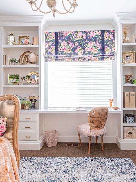 With second hand finds, see how we created a custom built in desk with shelves. This inexpensive DIY project is an impressive focal point in this bedroom. Bookshelf Built In Desk, Kids Built In Desk, Kids Room With Desk, Built In Desk With Shelves, Diy Built In Desk, Built In Bookshelf, Built In Desk And Shelves, Kids Room Desk, Ikea Built In