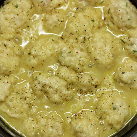 Feather Drop Dumplings - self rising flour, egg, melted butter... Drop Dumplings, Chicken Dumplings Recipe, Homemade Chicken And Dumplings, Chicken Dumplings, Pot Dinners, Just A Pinch Recipes, Herb Chicken, Dumpling Recipe, Just A Pinch