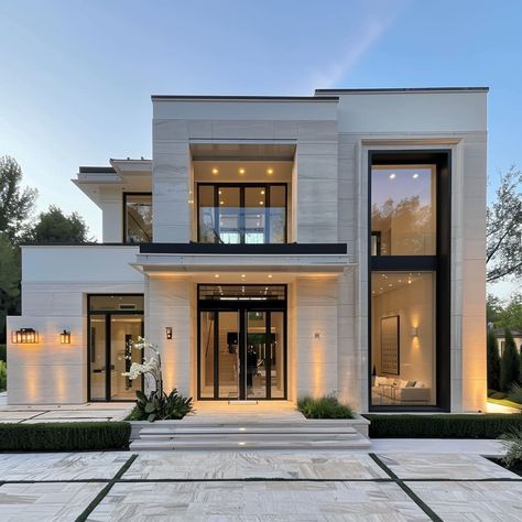 American Home Exterior Design, Pretty Modern House Exterior, Black And White House Exterior Modern Dream Homes, Soft Modern House Exterior, Luxury Tiny House Exterior, New Home Architecture, Luxury House Designs Exterior, White Brick House Modern, Modern Villas Exterior Design