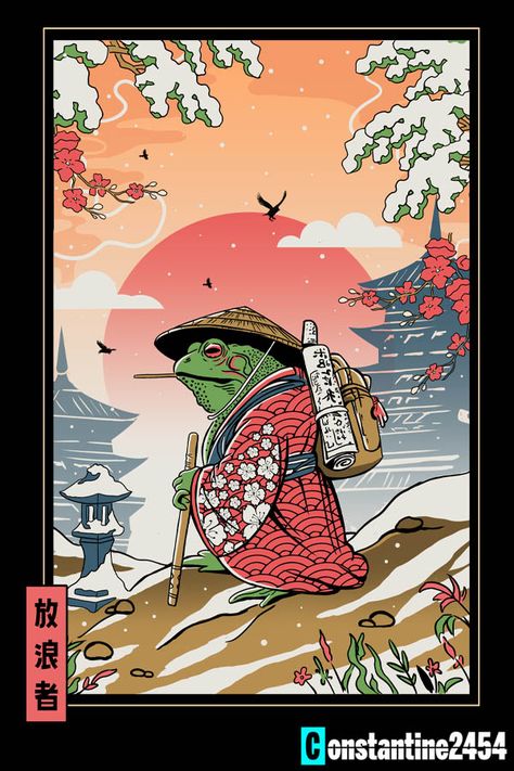 The enchanting beauty of Japan with a wandering toad in a traditional kimono. This charming design captures the essence of adventure and serenity in a Japanese setting. Perfect for those with a passion for travel and culture. #toad #frog #ukiyoe #japanesetoad #samuraitoad #ukiyo Adventures Of Frog And Toad, Ukiyo Tattoo, Japanese Illustration Art, Japanese Frog Tattoo, Japan Traditional Art, Frog Samurai, Toad Illustration, Samurai Frog, Japanese Frog