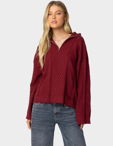 EDIKTED Oversized Quarter Zip Cable Knit Sweater - DK RED | Tillys Oversized Quarter Zip, Overalls Boys, Chino Pants Women, Wwe T Shirts, Sweater Oversized, Cable Stitch, Sweater Oversize, Girls Blouse, Red Sweater