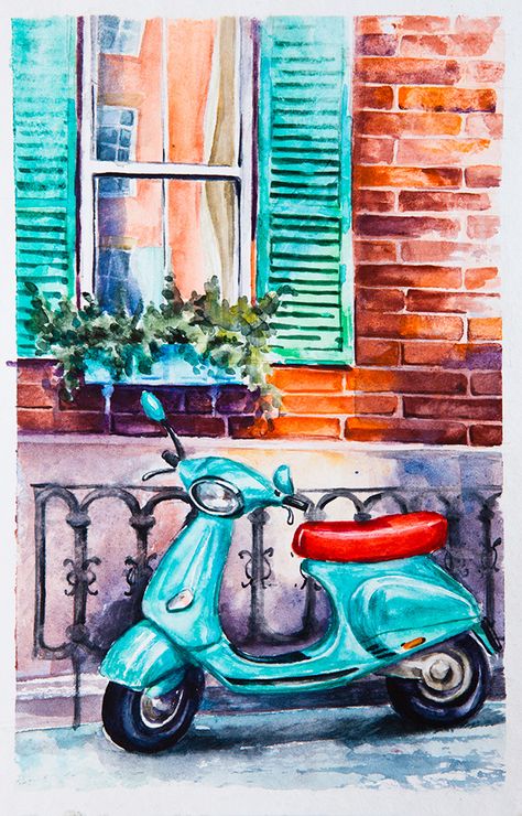 Vespas in watercolor on Behance Canvas For Beginners, Oil Pastel Art, Easy Canvas Painting, Seni Cat Air, Art Painting Gallery, 수채화 그림, Lukisan Cat Air, Nature Art Painting, Indian Art Paintings