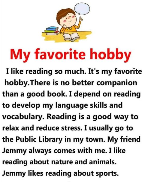 My favorite hobby  . English reading practice for kindergarten , grade one. Learn english. Essay my favourite hobby . Hobby Reading, Reflection Essay, Learn To Read English, English Poems For Kids, Struktur Teks, Tatabahasa Inggeris, Reading Comprehension For Kids, English Stories For Kids, English Word Book