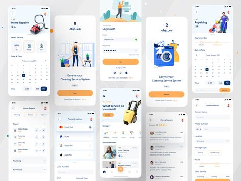 Home Service App I Ofspace by Ofspace Digital Agency on Dribbble Volunteer App, Photoshop Poster Design, Mobile Application Design, Mobile App Design Inspiration, Directory Design, Mobile Ui Design, Delivery App, App Design Inspiration, House Cleaning Services