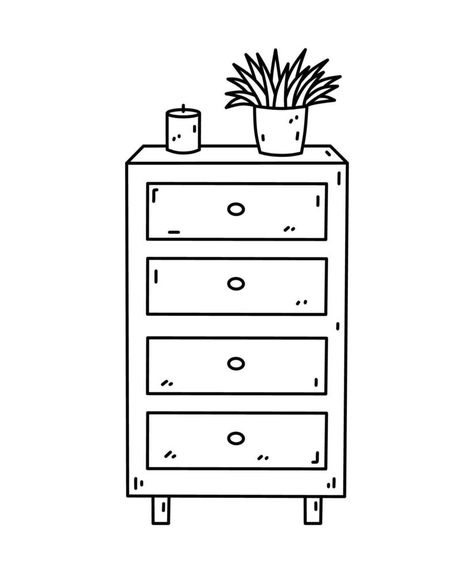 Cute drawer chest or dresser with candles and a houseplant. Bedroom furniture isolated on white background. Vector hand-drawn doodle illustration. Perfect for decorations, logo, various designs. Quick Illustration Ideas, Houseplant Bedroom, How To Draw Furniture, Bedroom Doodle, Dresser Illustration, Furniture Doodle, Drawing Of Furniture, Dresser Drawing, Bedroom Drawing Sketches