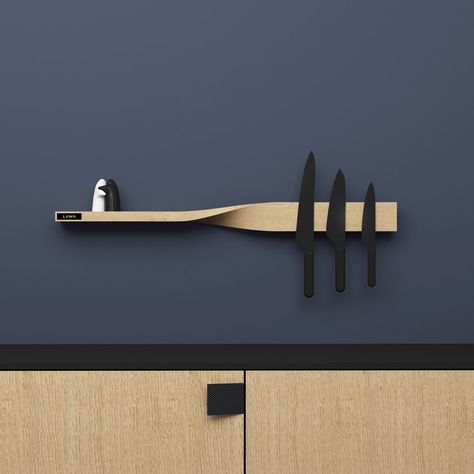 LAWA DESIGN Designs the Twist Shelf That Doubles as a Magnetic Board - Design Milk Magnetic Key Holder, Wood Knife, Spice Storage, Knife Holder, Sculptural Object, Magnetic Board, Yanko Design, Cool Ideas, Shelf Design