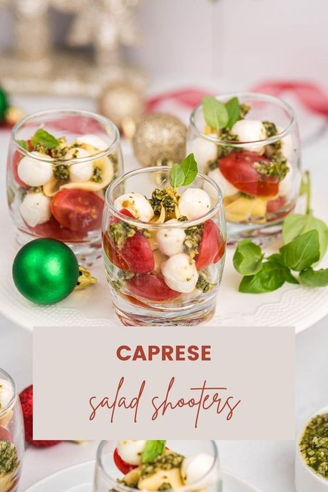 Make your holidays more fun with these Caprese Salad Shooters! The perfect side dish or appetizer for your next gathering, these bite-sized treats are sure to be a hit with family and friends! Packed with juicy tomatoes, fresh mozzarella, and a zesty balsamic glaze, these Caprese Salad Shooters are the perfect way to add a little extra fun to your holiday celebrations! #capresesaladshooters #sideorappetizer #holidaysnacks Individual Caprese Salad Cups, Caprese Salad Cups, Caprese Cups, Philo Cups, Mini Salads, Caprese Salad Appetizer, Caprese Appetizer, Salad Shooter, Caprese Bites