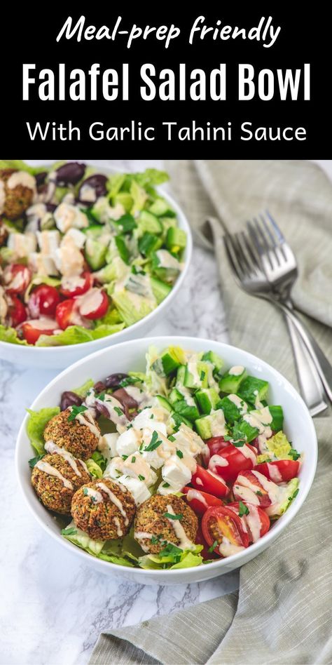 Made with crispy air fryer falafel, romaine lettuce, tomato, cucumber, olives, feta cheese and garlic tahini sauce, this falafel salad bowl is perfect as a make-ahead lunch or dinner. This falafel bowl is healthy, filling and full of protein with an option of swapping or adding your choice of veggies, so you can make this bowl any way you like. What To Eat With Falafel Balls, Greek Falafel Bowl, Quinoa Falafel Bowl, Falafel Meal Prep, Vegan Falafel Bowl, Falafel Buddha Bowl, Falafel Salad Recipe, Healthy Falafel Bowl, Healthy Pasta Bowls